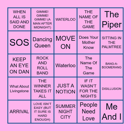 ABBA Music Bingo Card