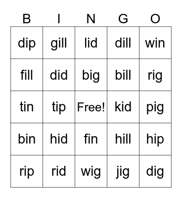 Short i CVC Bingo Card