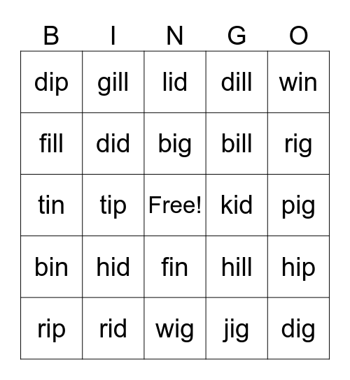 Short i CVC Bingo Card