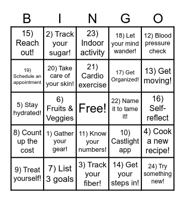 Winter Health Challenge Bingo Card
