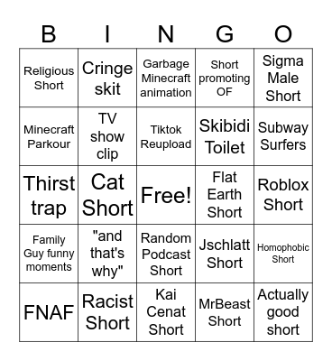 Youtube Shorts Bingo Card