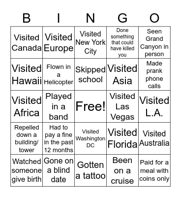 Bucket List Bingo Card