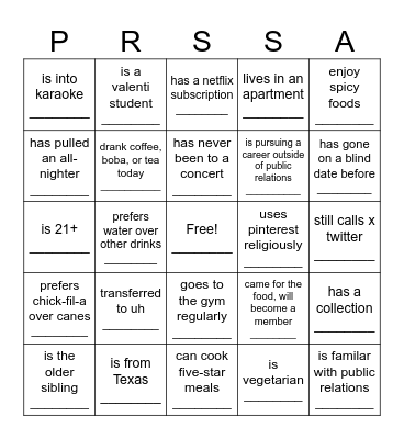 PRSSA Bingo Card