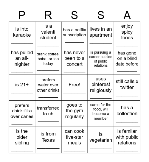 PRSSA Bingo Card