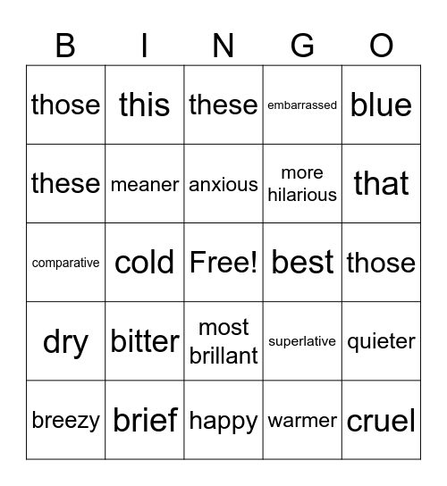 Adjectives Bingo Card