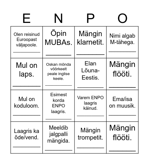 Saame tuttavaks! Bingo Card