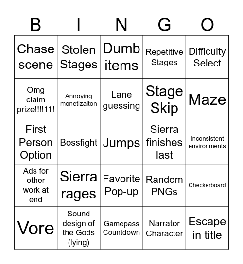 Roblox Obby Bingo Card