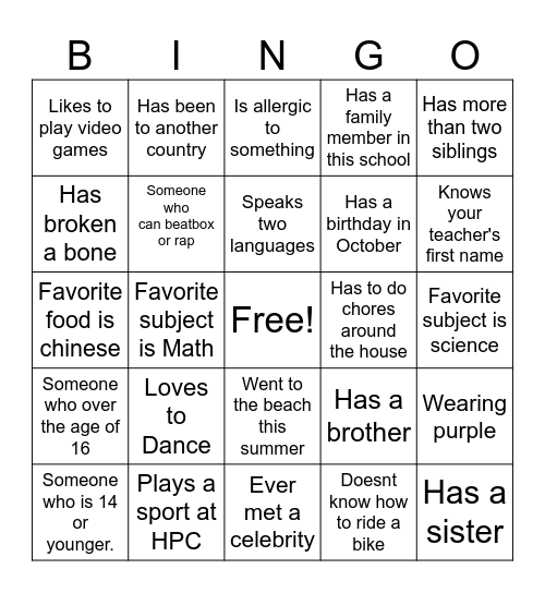 First Day of School Bingo Card