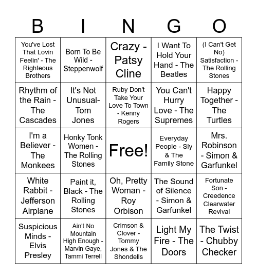 60's Hits Bingo Card