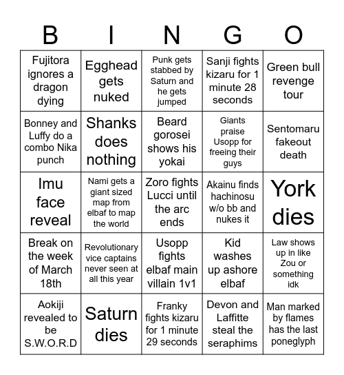 One piece Bingo Card