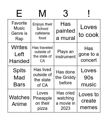 EM3: Get To Know Each Other Bingo Card
