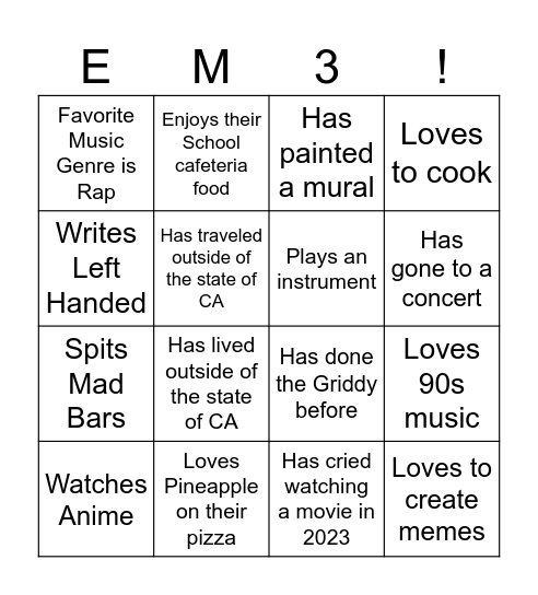 EM3: Get To Know Each Other Bingo Card