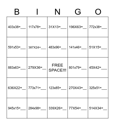 Multiplication (3 digit numbers) Bingo Card