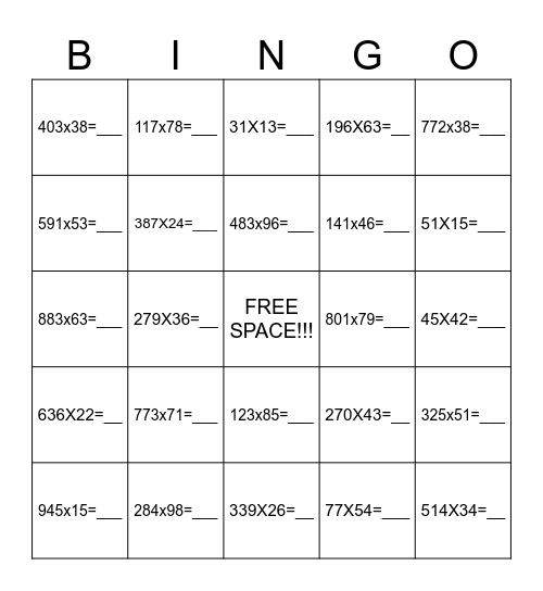 Multiplication (3 digit numbers) Bingo Card