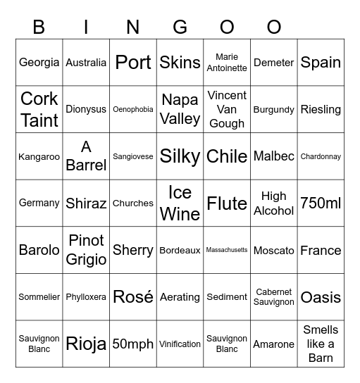 Nectar Wine Bingo & Trivia Bingo Card