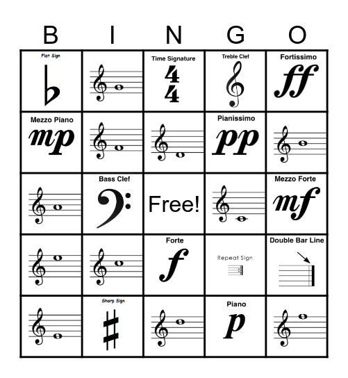 Note Name/Music Symbols Bingo Card