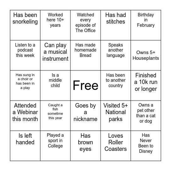 Diversity Bingo Card