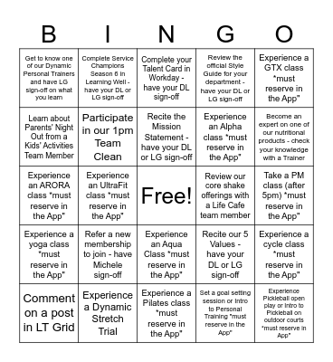 Life Time Kingwood Brand Immersion BINGO Card