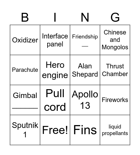 Rocketry Bingo Card