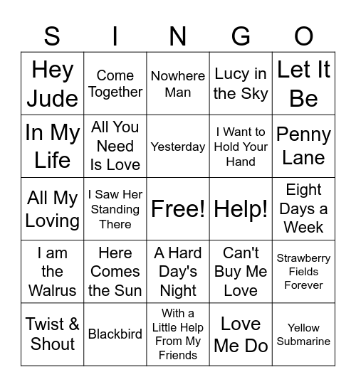 Singo- Beatles Bingo Card