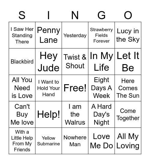 Singo- Beatles Bingo Card