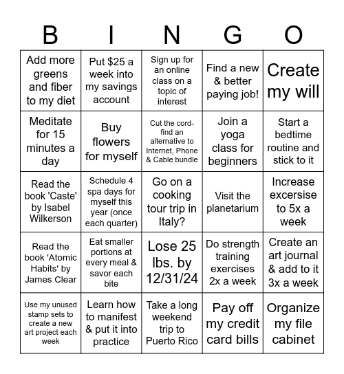 GOALS BINGO 2024 Bingo Card