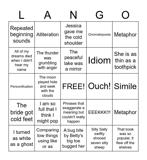 Figurative Language Bingo Card