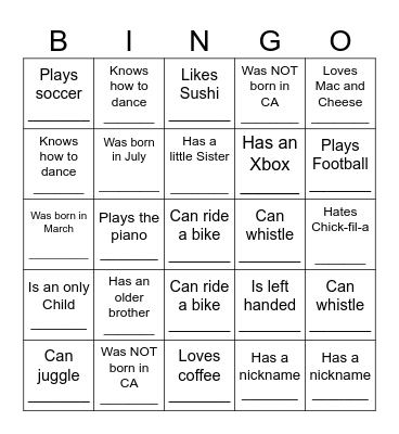 YOUTH HUMAN BINGO Card