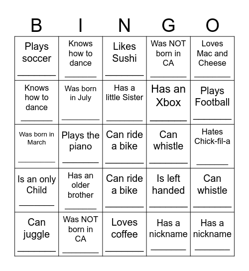 YOUTH HUMAN BINGO Card