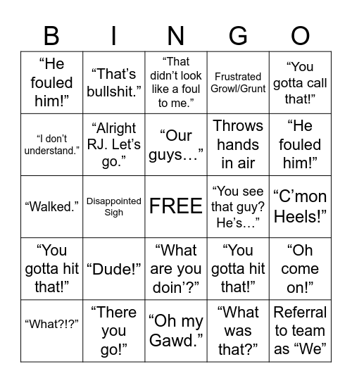 Basketball Watching Bingo Card