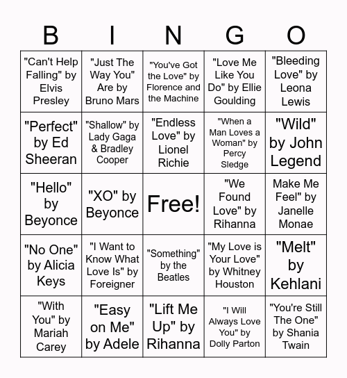 Valentine's Music Bingo Card