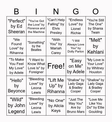 Valentine's Music Bingo Card