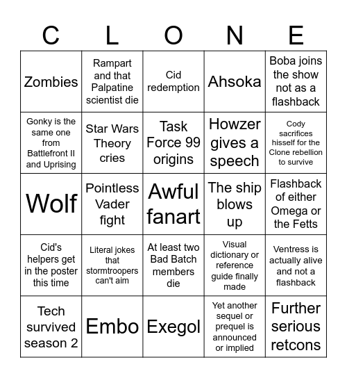 Season 3 Bingo Card