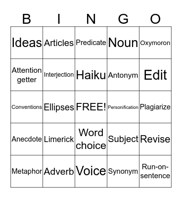 Language arts bingo Card