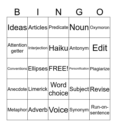 Language arts bingo Card