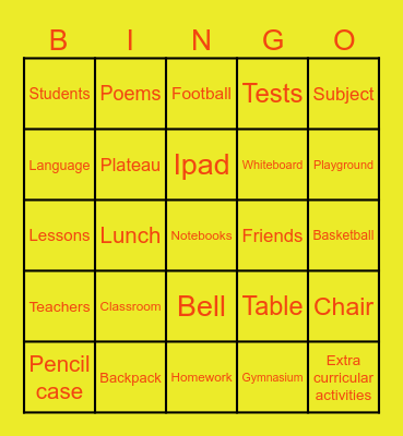 School Bingo Card