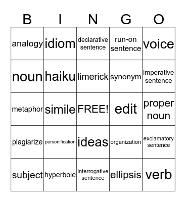 language Bingo Card