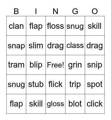 Consonant Blends 2 Letter Initial Bingo Card