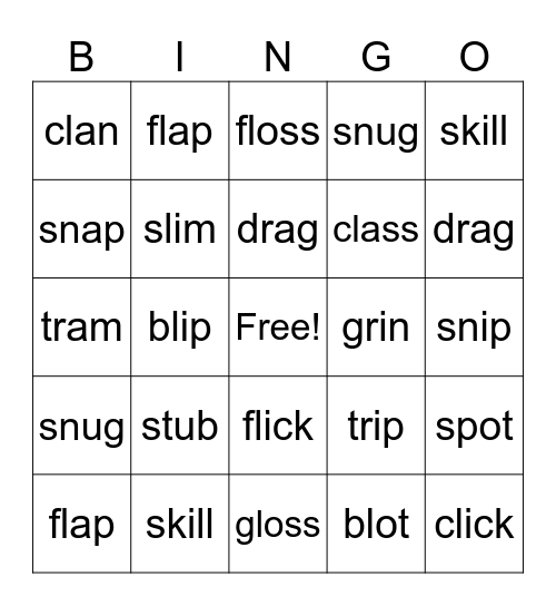 Consonant Blends 2 Letter Initial Bingo Card