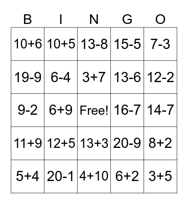 Simple addition and subtraction Bingo Card