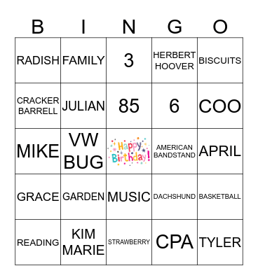 Jenny Birthday Bingo Card