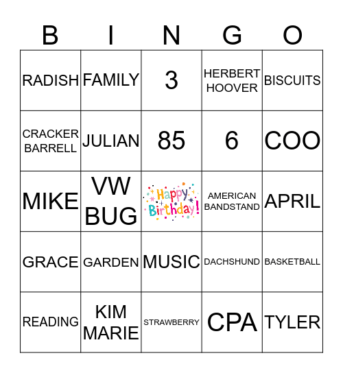 Jenny Birthday Bingo Card