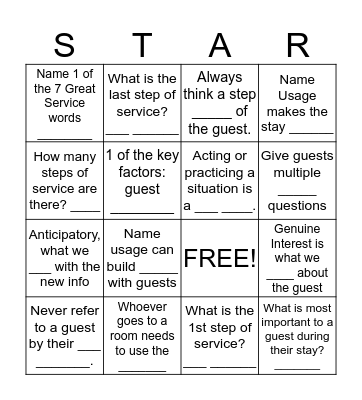 Service Standards Bingo Card
