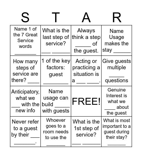 Service Standards Bingo Card