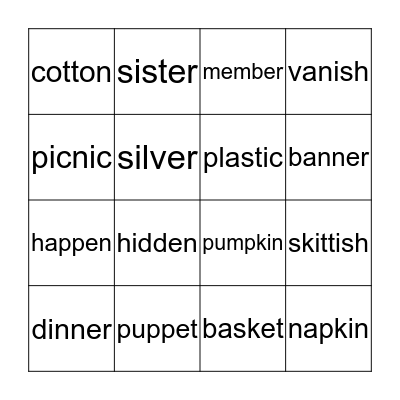 2 Syllable Words Bingo Card