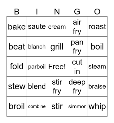 Cooking/Mixing Terms Bingo Card