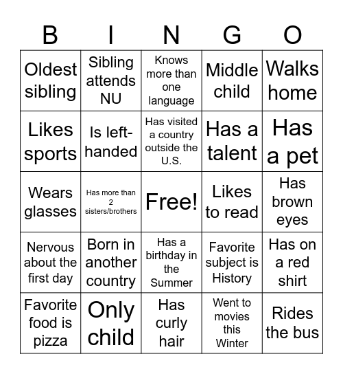 Classmate Bingo Card