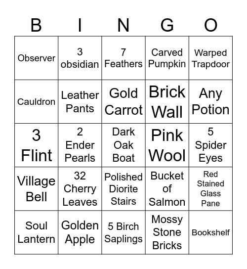 Minecraft Item Hunt Bingo Card