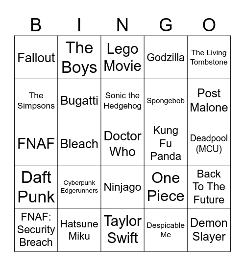 2024 Fortnite Crossover Bingo Card