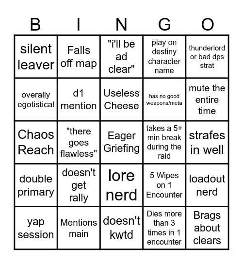 Destiny 2 Lfg Bingo Card